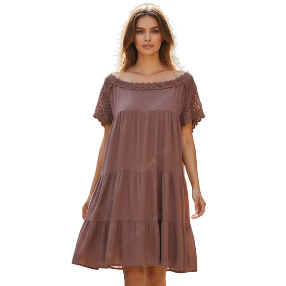 DAVI & DANI Dresses & Skirts - Davi & Dani Tiered Shift Dress Small Mauve Crochet Boho Flowy Summer Crinkle NWT